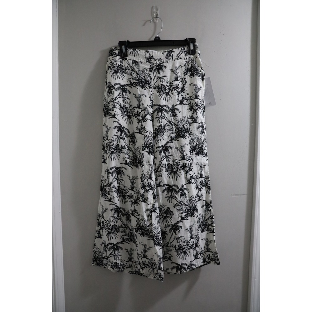 C&C California Tropical Palm Tree Wide Leg Pants White Black Linen Blend Size S